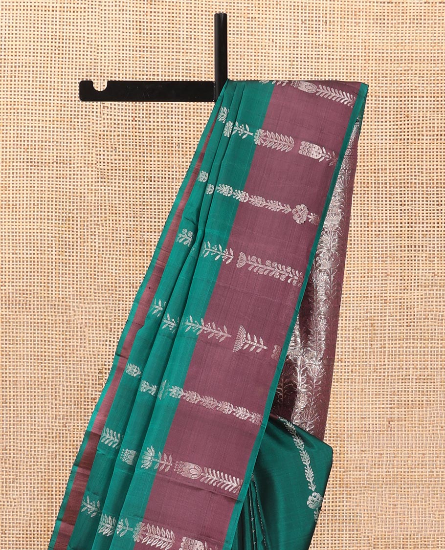 Green zari stripes soft silk saree , contrast zari design border & floral design pallu