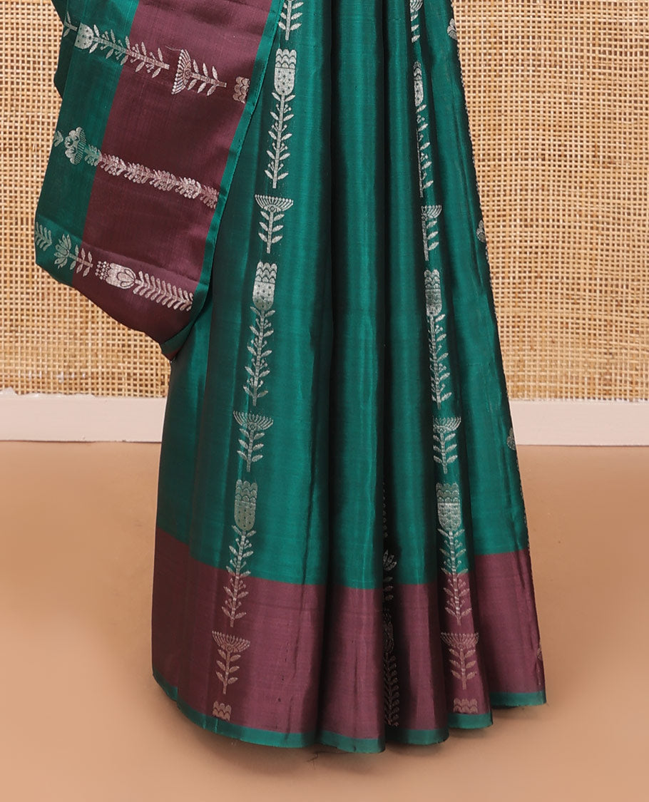 Green zari stripes soft silk saree , contrast zari design border & floral design pallu