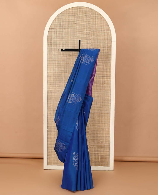Borderless blue floral buttas woven soft silk saree, contrast pallu of floral and chevron designs