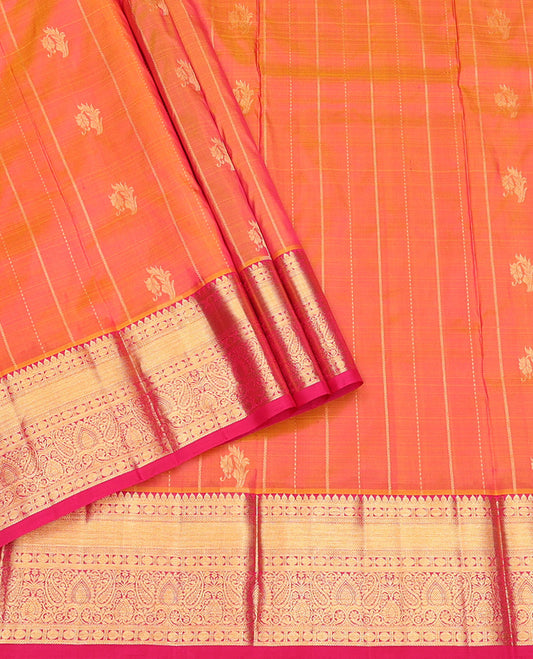 Orange Pure Silk Pavadai Material, Bedecked with Zari Buttas and Stripes on Its Skirt, a Contrast Traditional Zari Border, and a Contrast Blouse