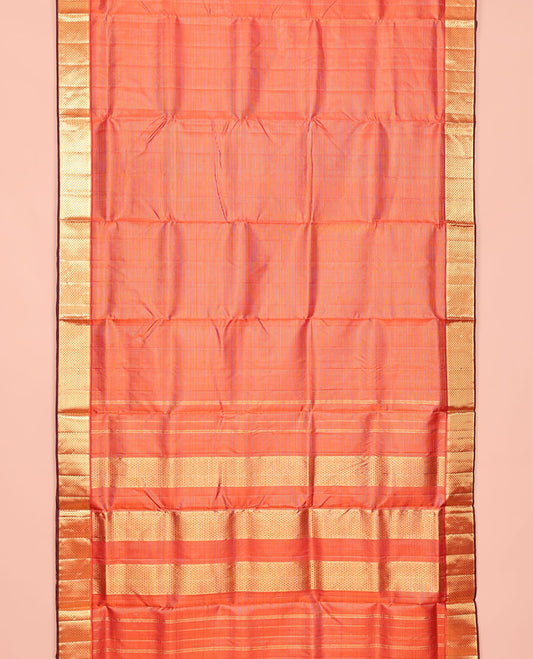 Orange Nine-Yard Silk Saree, Bedecked with Zari Stripes, Highlighted by a Zari Border of Rekku and Ara Maadam Design, Pallu of Ara Maadam Designs, and No Blouse