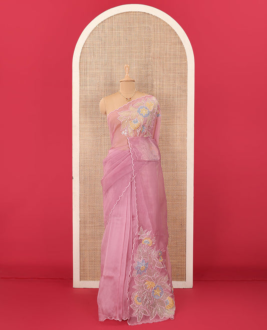 Pink tropical floral motifs thread embroidered organza saree, scallop border, and floral embroidered pallu