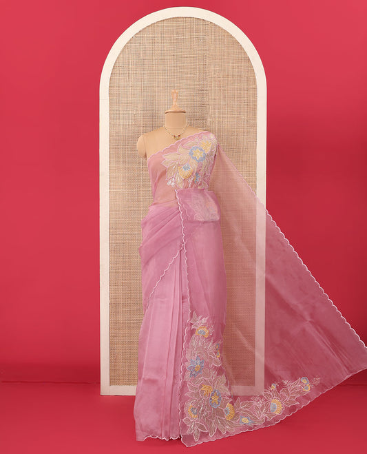 Pink tropical floral motifs thread embroidered organza saree, scallop border, and floral embroidered pallu