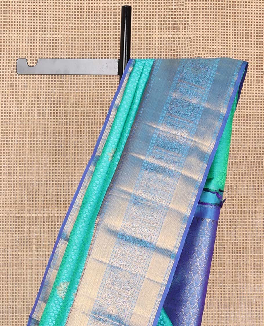 Light blue leaf design silk saree with contrast rekku, paun, banaras design & floral jaal pallu