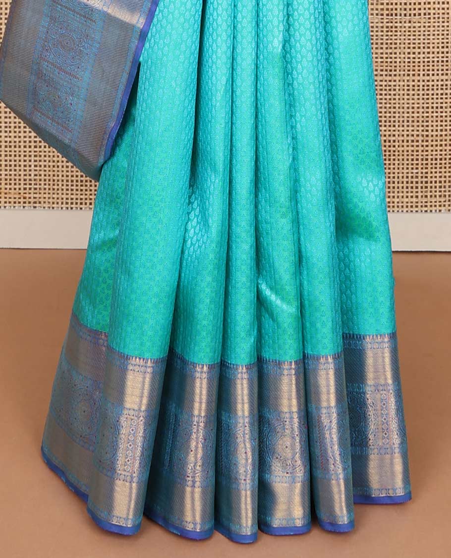 Light blue leaf design silk saree with contrast rekku, paun, banaras design & floral jaal pallu