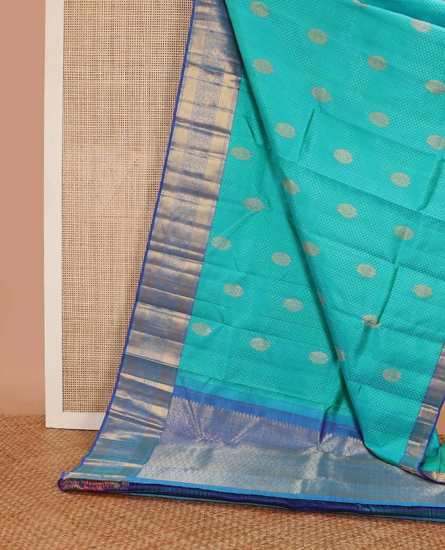 Light blue leaf design silk saree with contrast rekku, paun, banaras design & floral jaal pallu
