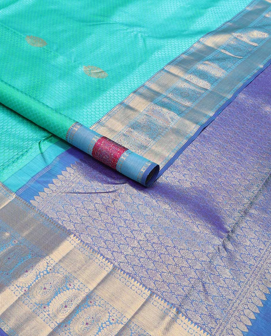 Light blue leaf design silk saree with contrast rekku, paun, banaras design & floral jaal pallu