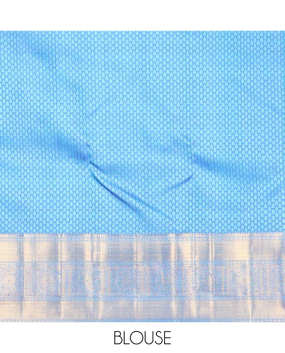 Light blue leaf design silk saree with contrast rekku, paun, banaras design & floral jaal pallu