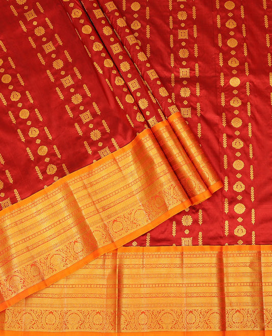 Red zari design pure-silk half-saree with contrast border of traditional zari designs, contrast zari bordered blouse, and a dhavani of manga designs