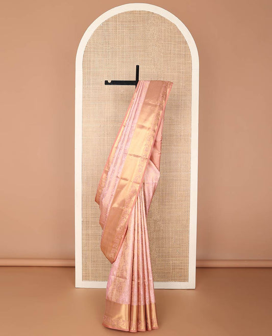 baby pink floral jacquard soft silk saree with contrast zari design border & argyle design pallu