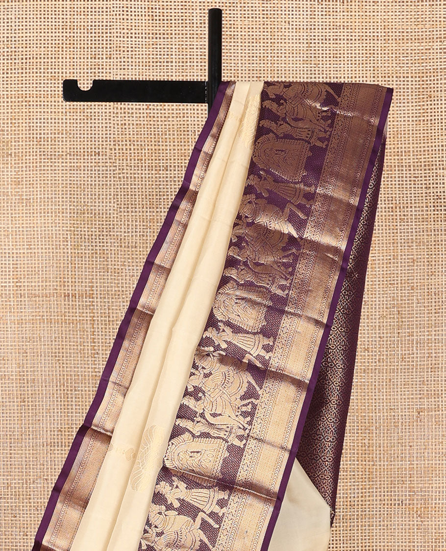 Cream buttas silk saree with contrast wedding, rekku, kathir, banaras design & floral design pallu