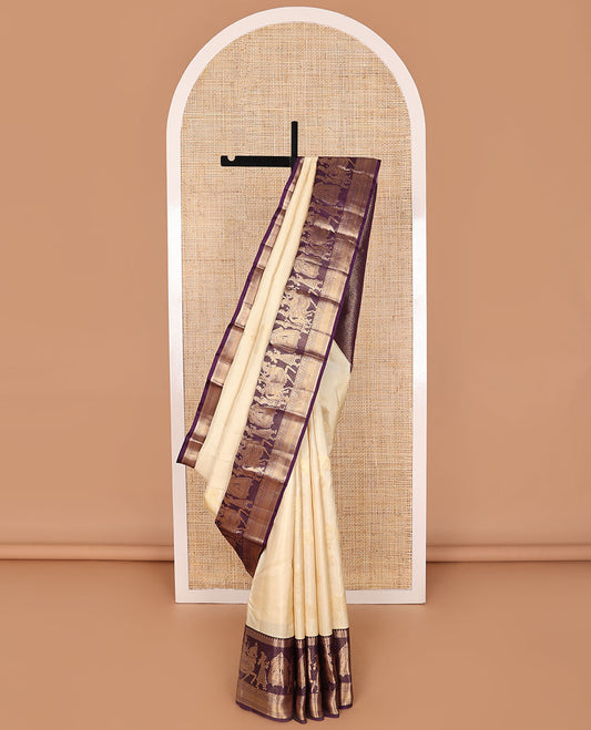 Cream buttas silk saree with contrast wedding, rekku, kathir, banaras design & floral design pallu