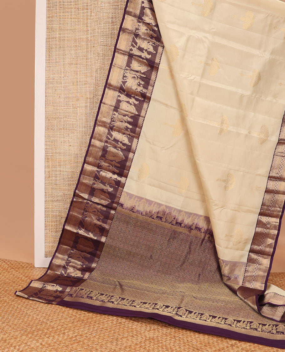 Cream buttas silk saree with contrast wedding, rekku, kathir, banaras design & floral design pallu