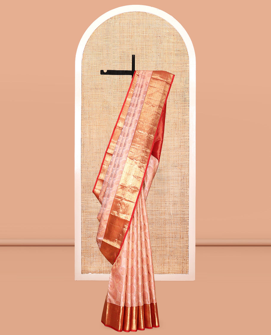 Peach Kanchipuram Wedding Silk Saree, Accentuated with Paisley Jacquard Design, Contrast Border of Thilakam, Kodi Visiry, Laddu Kamalam, and Manga, Jaal Pallu, and a Contrast Blouse