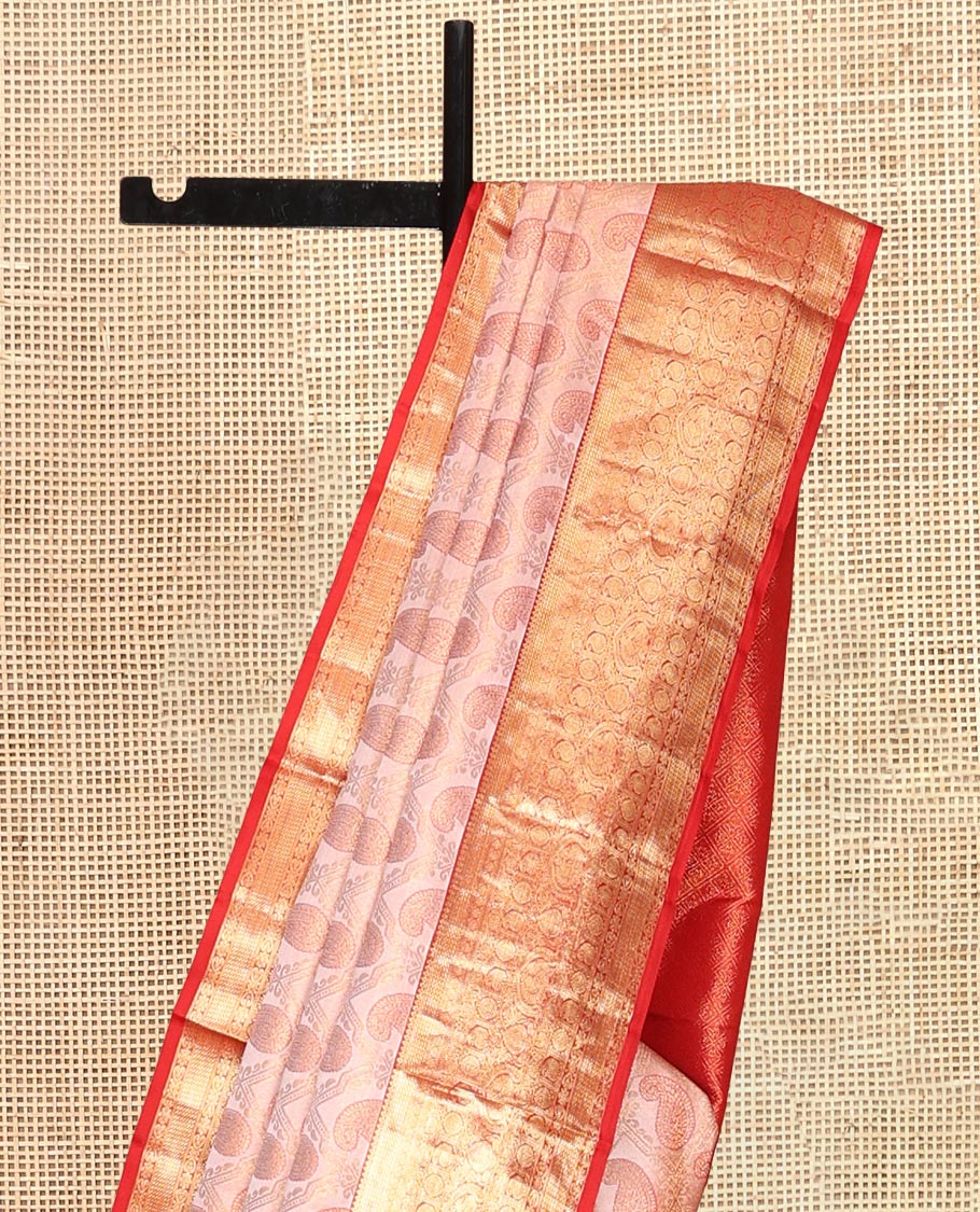 Peach Kanchipuram Wedding Silk Saree, Accentuated with Paisley Jacquard Design, Contrast Border of Thilakam, Kodi Visiry, Laddu Kamalam, and Manga, Jaal Pallu, and a Contrast Blouse