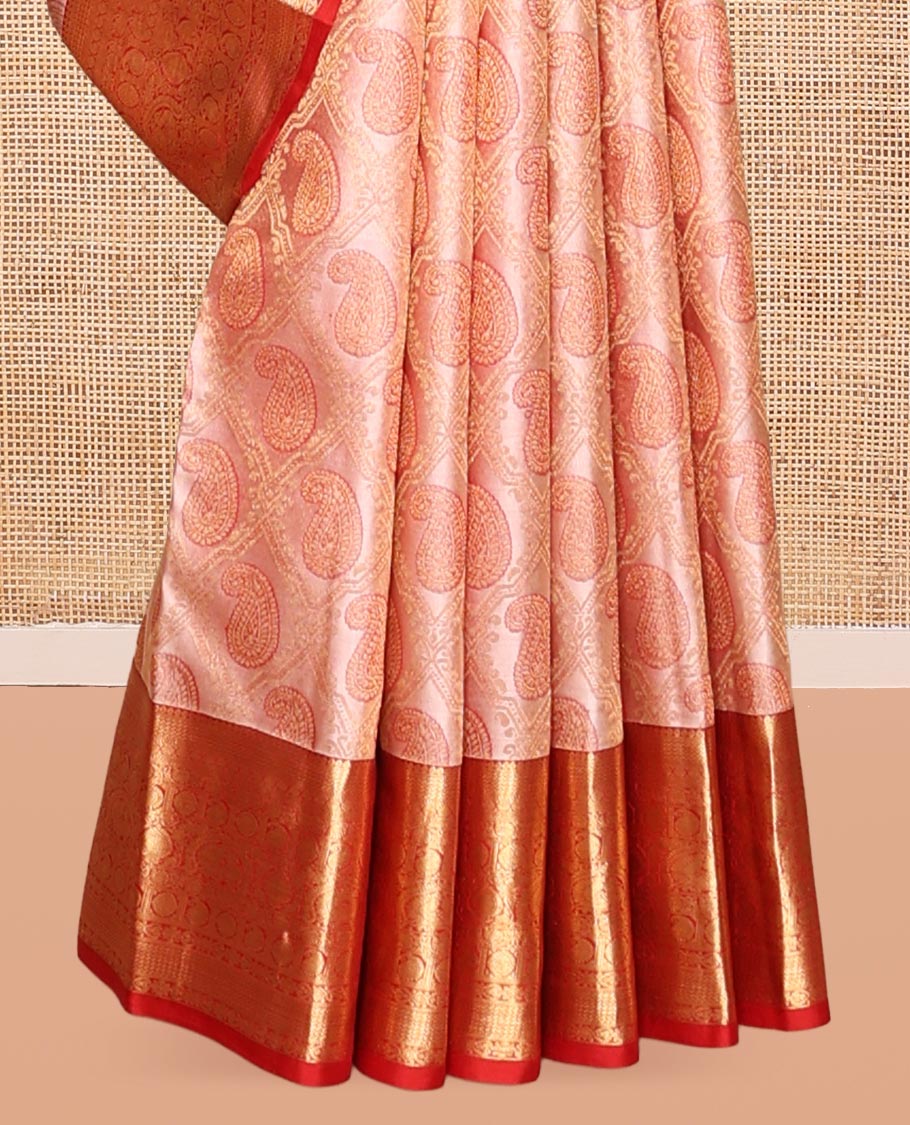 Peach Kanchipuram Wedding Silk Saree, Accentuated with Paisley Jacquard Design, Contrast Border of Thilakam, Kodi Visiry, Laddu Kamalam, and Manga, Jaal Pallu, and a Contrast Blouse