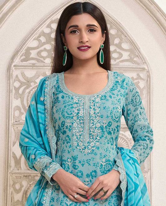 light blue  floral printed chudidhar material set floral embroidery top with plain bottom & floral embroidery dupatta