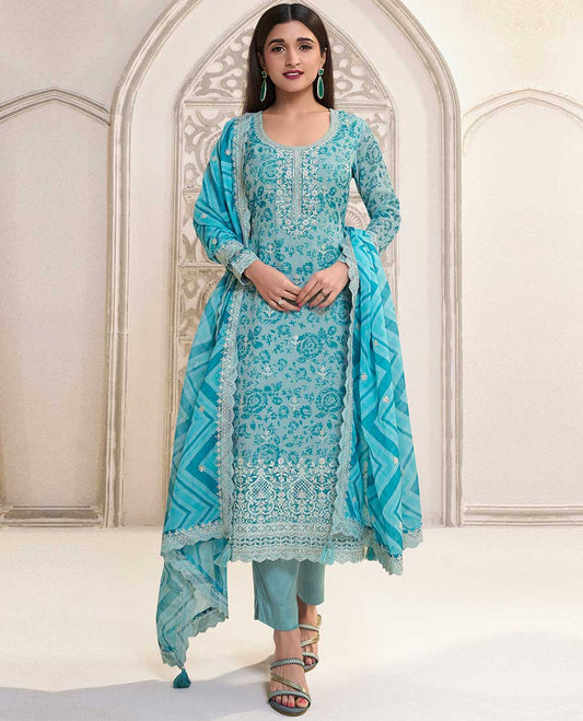 light blue  floral printed chudidhar material set floral embroidery top with plain bottom & floral embroidery dupatta