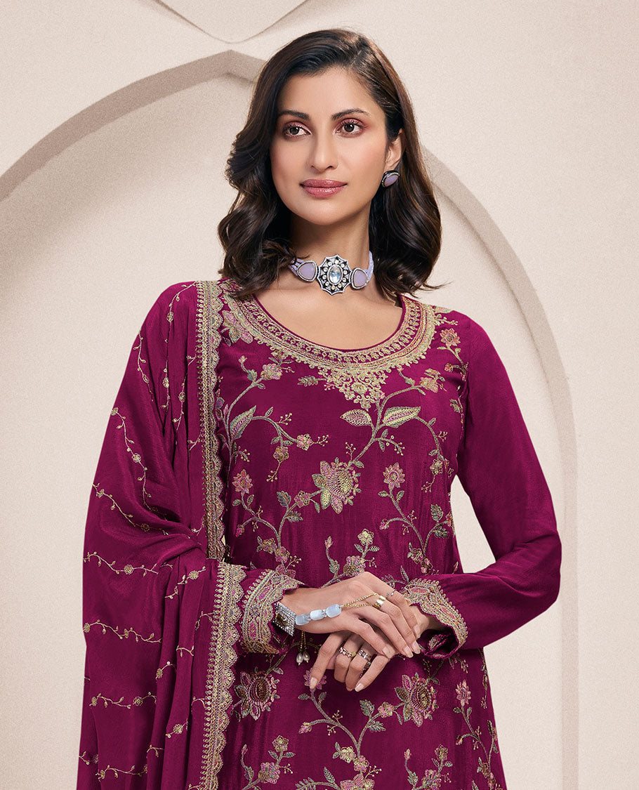 Maroon dress material catalouge floral thread embroidery top with palazzo pants & floral embroidery scallop border dupatta