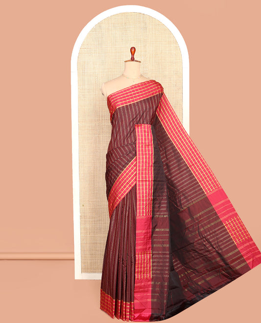 Maroon Aarani Silk Saree, Accentuated with Zari Stripes All Over Its Body, Complemented by a Contrast Zari Checked Design Border, Striped Pallu, and Paired with a Matching Blouse