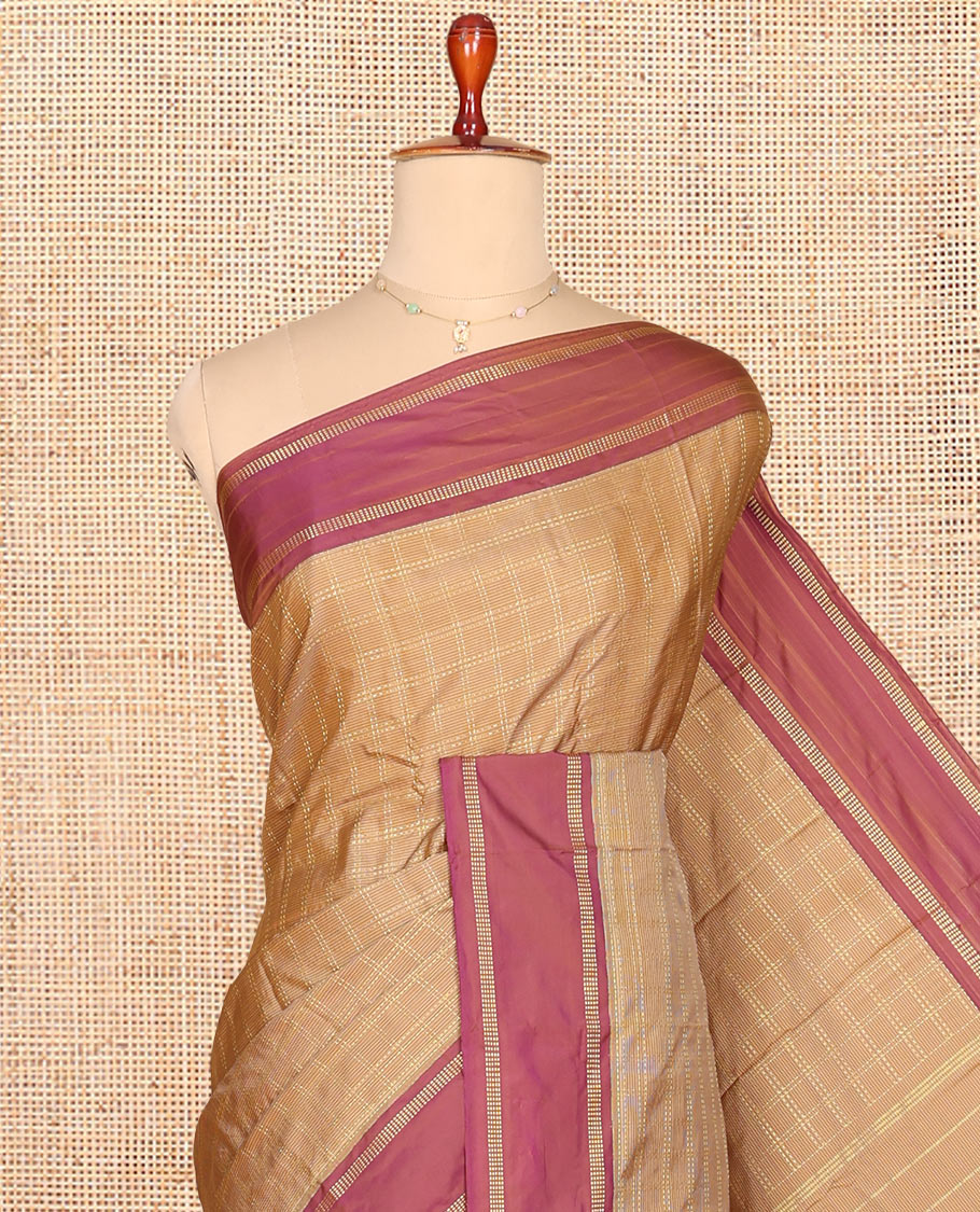 Sandal Aarani Gift Saree, Sparsely Woven with Checked Design on Its Body, Complemented by a Contrast Border of Stripes and Buttas, Pallu of Stripes, and Paired with a Matching Blouse