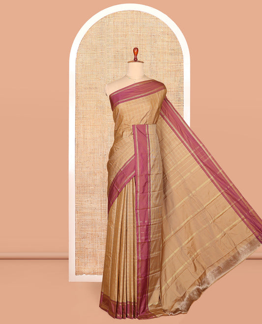 Sandal Aarani Gift Saree, Sparsely Woven with Checked Design on Its Body, Complemented by a Contrast Border of Stripes and Buttas, Pallu of Stripes, and Paired with a Matching Blouse