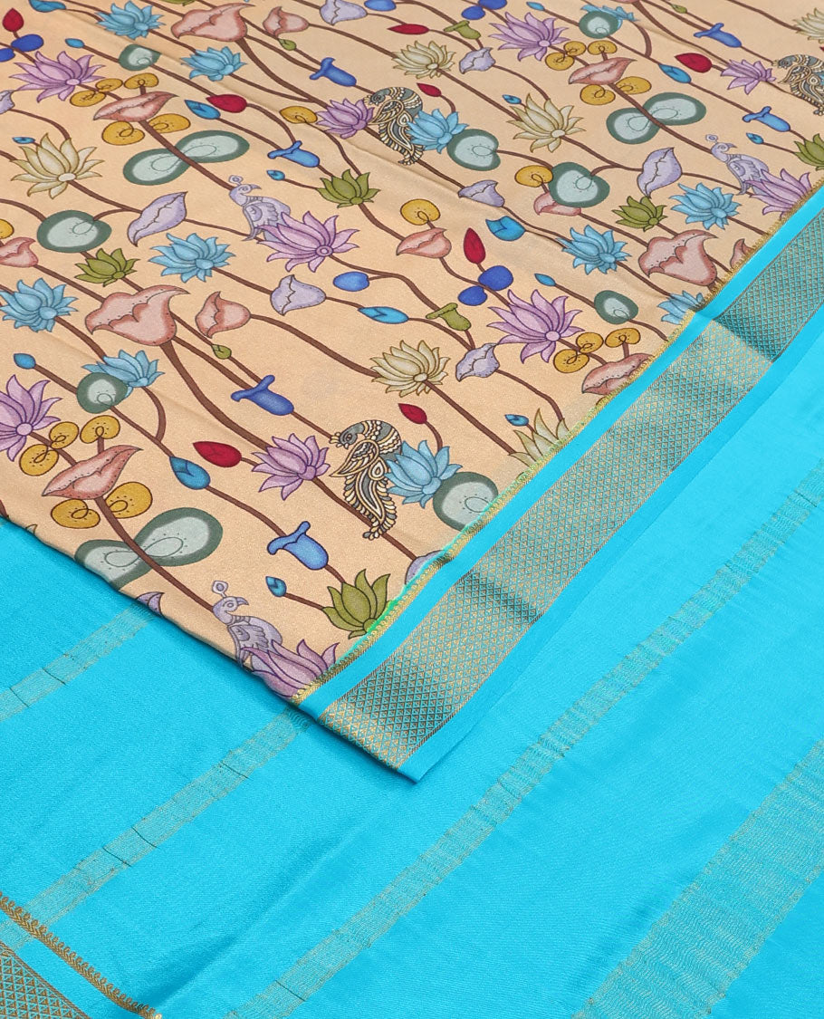 Sandal kalamkari lotus vine and peacock printed mysore silk saree, contrast traditional zari border and zari striped pallu