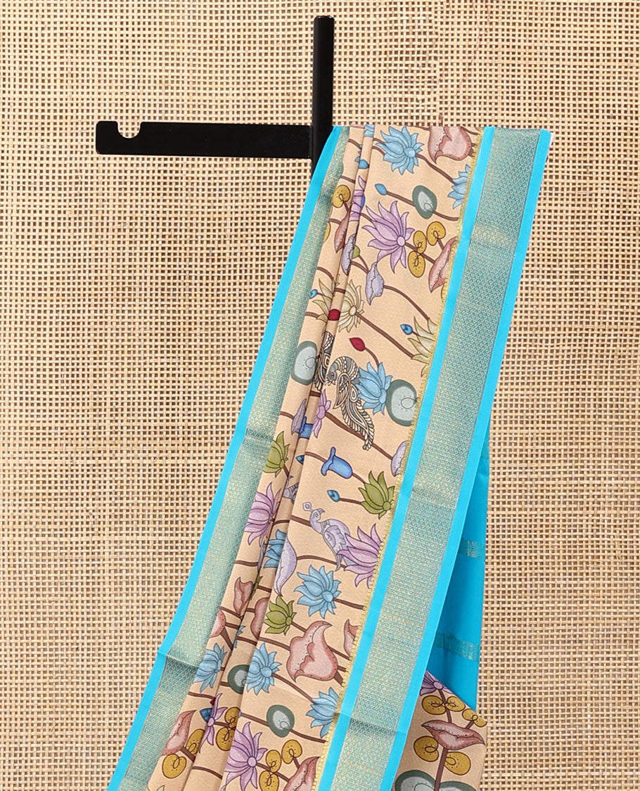 Sandal kalamkari lotus vine and peacock printed mysore silk saree, contrast traditional zari border and zari striped pallu