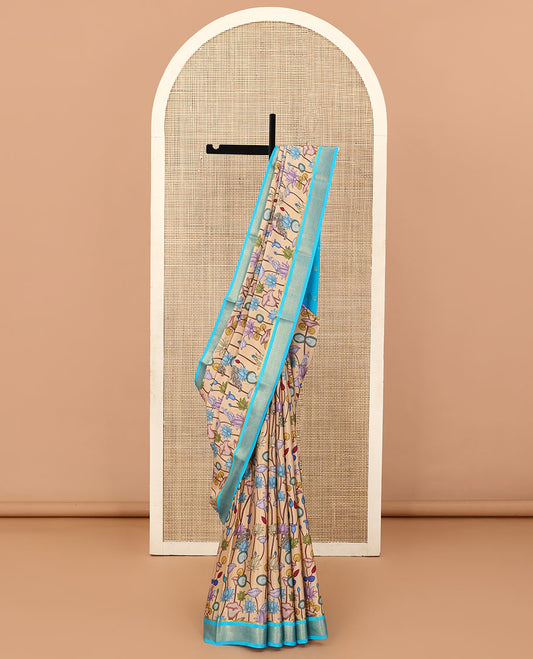 Sandal kalamkari lotus vine and peacock printed mysore silk saree, contrast traditional zari border and zari striped pallu