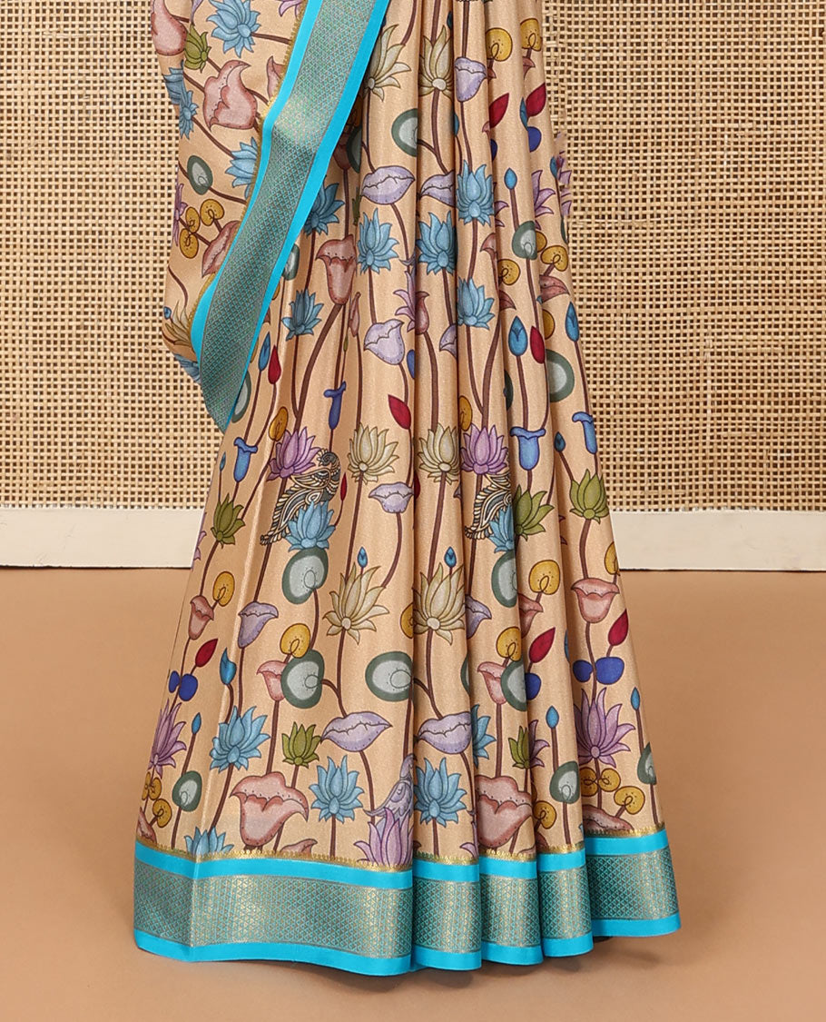 Sandal kalamkari lotus vine and peacock printed mysore silk saree, contrast traditional zari border and zari striped pallu