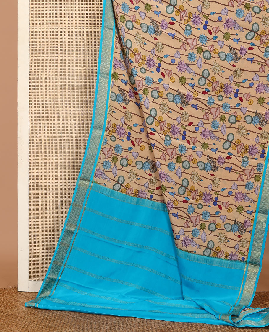 Sandal kalamkari lotus vine and peacock printed mysore silk saree, contrast traditional zari border and zari striped pallu