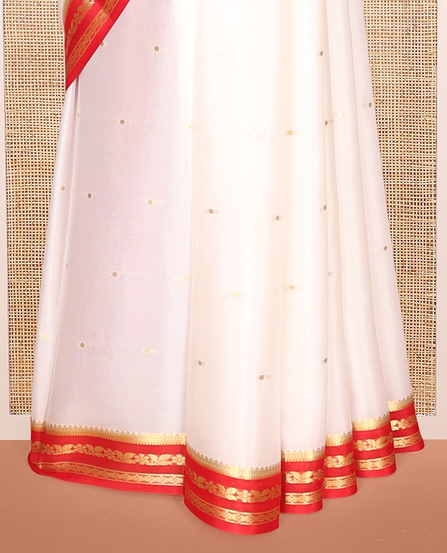 White Mysore Silk Saree, Subtly Woven with Buttas, Complemented by a Contrast Traditional Zari Border, Zari Design Pallu, and a Contrast Blouse