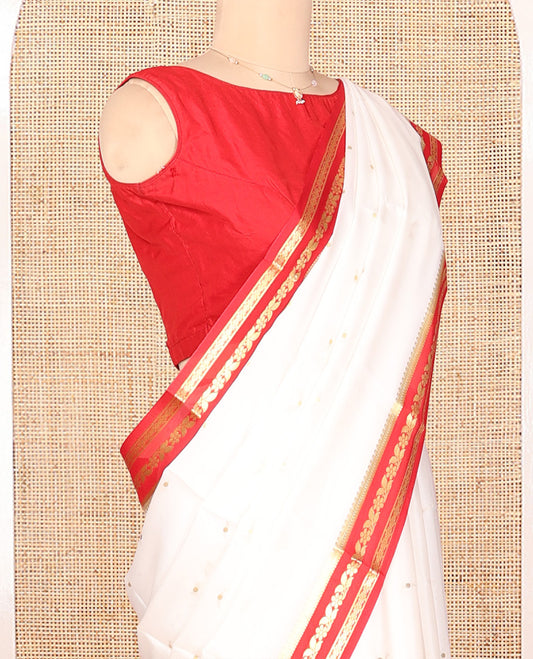 White Mysore Silk Saree, Subtly Woven with Buttas, Complemented by a Contrast Traditional Zari Border, Zari Design Pallu, and a Contrast Blouse