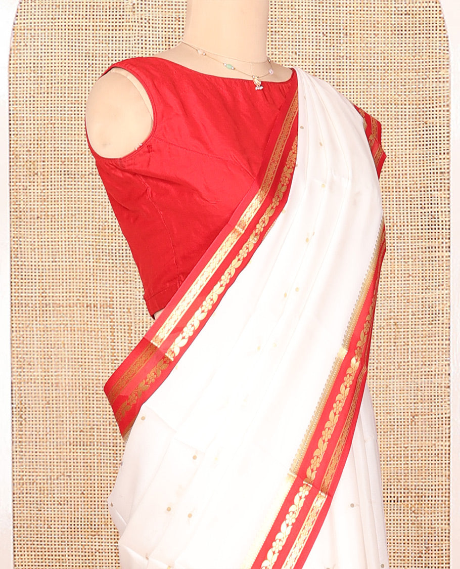 White Mysore Silk Saree, Subtly Woven with Buttas, Complemented by a Contrast Traditional Zari Border, Zari Design Pallu, and a Contrast Blouse