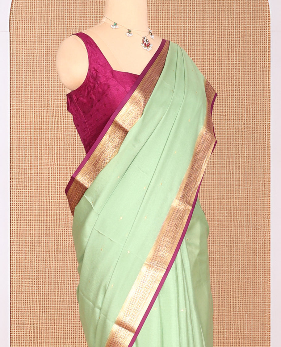 Pale Green Zari Buttas Mysore Silk Saree, Complemented by a Contrast Traditional Zari Border, Zari Design Pallu, and a Contrast Blouse