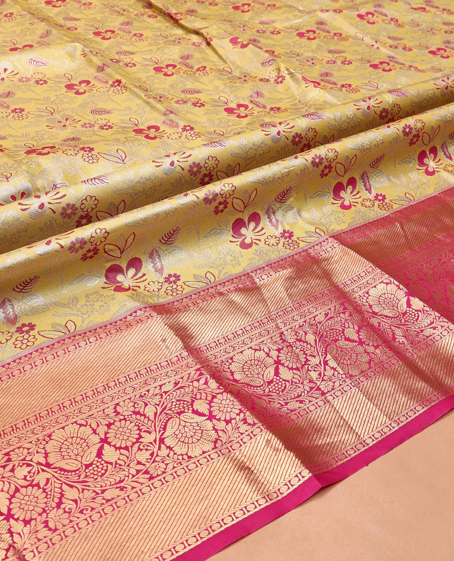 Yellow Art Silk Material Half Saree Set, Ornamented with Floral Jacquard Skirt, a Contrast Traditional Design Border, Contrast Blouse, and an Intricate Dhavani