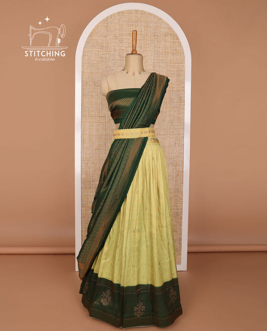 light green banaras half saree with contrast floral design border, jaal design blouse & floral design dhavani