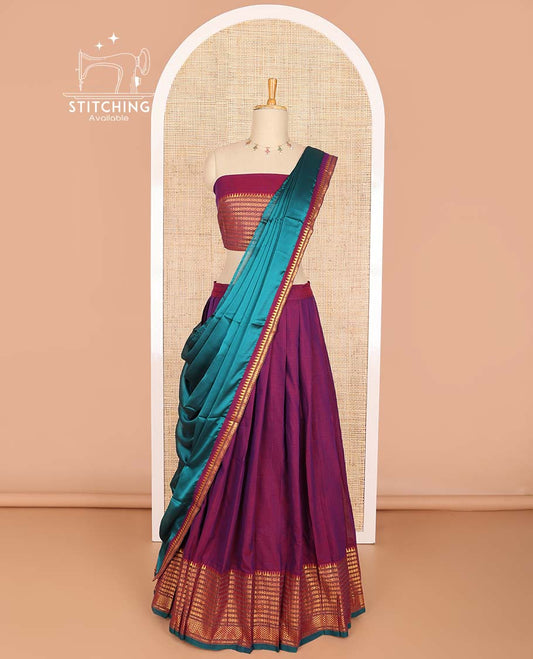 Purple cotton half saree with contrast geometric design border, zari design blouse & temple border dhavani