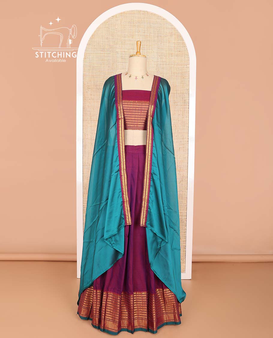 Purple cotton half saree with contrast geometric design border, zari design blouse & temple border dhavani