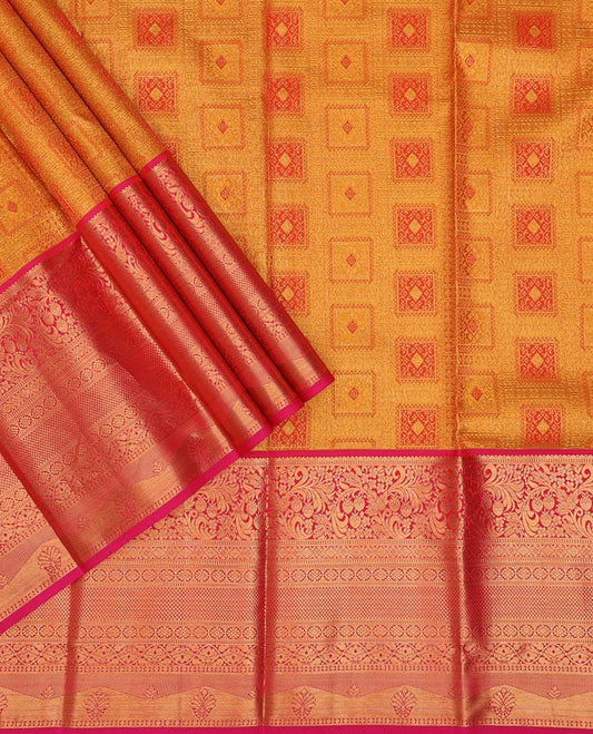 Orange jacquard pure-mix half-saree,contrast border of muthu,floral design,diamond,laddu kamalam & bentex, zari design blouse & dhavani