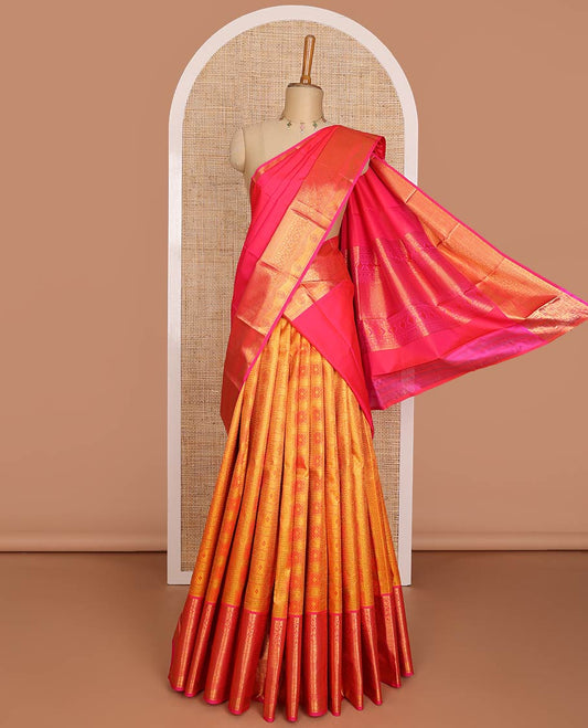 Orange jacquard pure-mix half-saree,contrast border of muthu,floral design,diamond,laddu kamalam & bentex, zari design blouse & dhavani