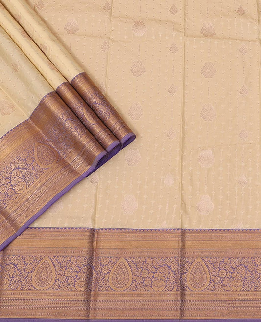 Sandal Art Silk Pavadai Material Set, Elevated with Embossed-effect and Zari Buttas Skirt, Complemented by a Contrast Traditional Zari Design Border, and Paired with a Contrast Blouse