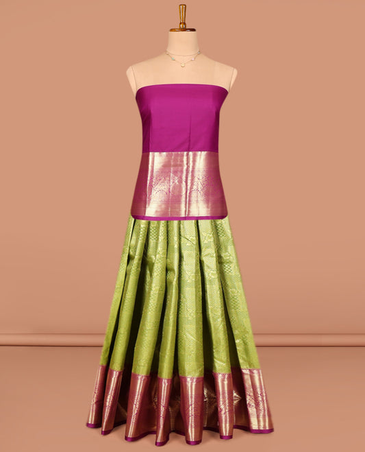 Green Art Silk Pavadai Material Set, Embellished with Jacquard Design on Its Skirt, Complemented by a Contrast Traditional Zari Designs Border, and Paired with a Contrast Blouse