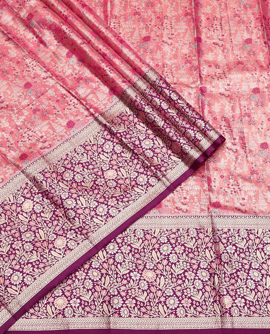 Pink Art Silk Half-Saree, Decorated with Jacquard Design, Contrast Floral Zari Border, Paired with a Contrast Jacquard Blouse, and an Intricate Dhavani