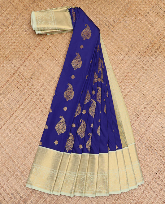 Blue zari buttas budget silk saree, contrast traditional zari design border, and zari-rich pallu