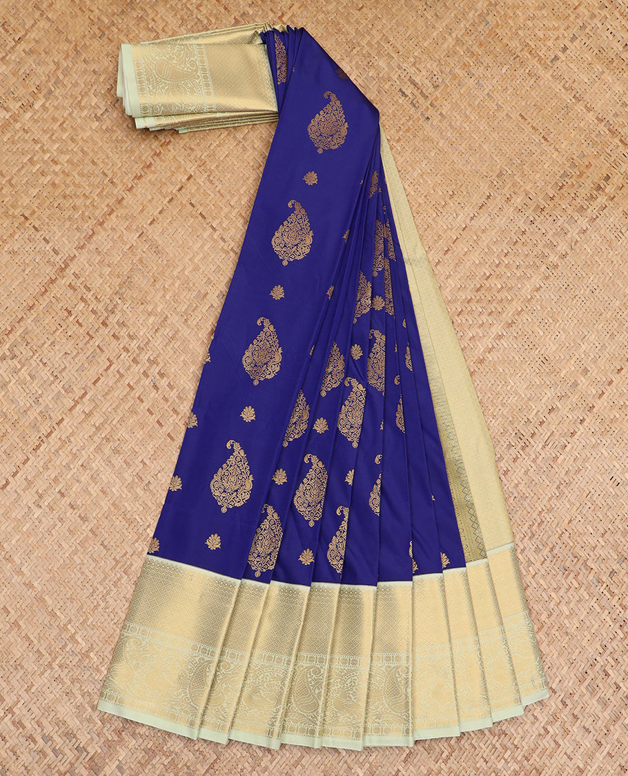 Blue zari buttas budget silk saree, contrast traditional zari design border, and zari-rich pallu