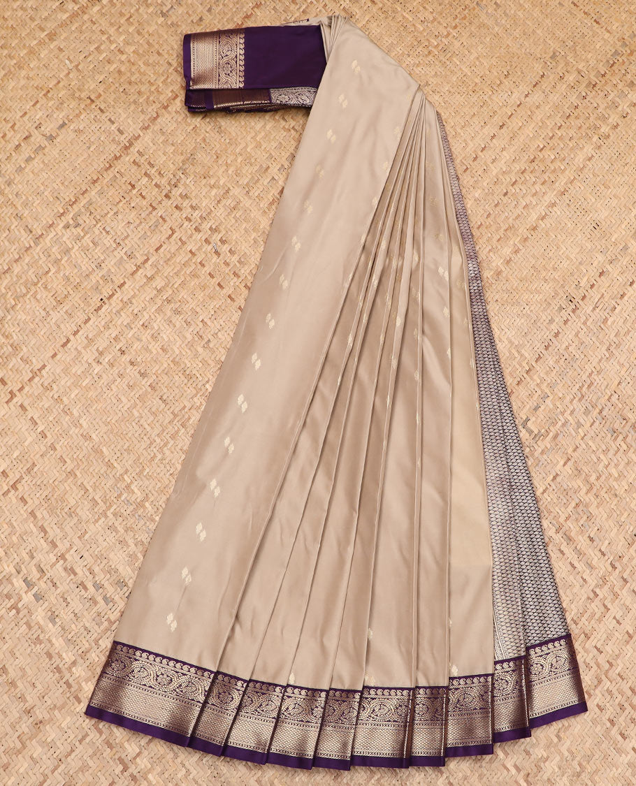 Grey zari buttas budget silk saree, contrast traditional zari border, and jaal pallu