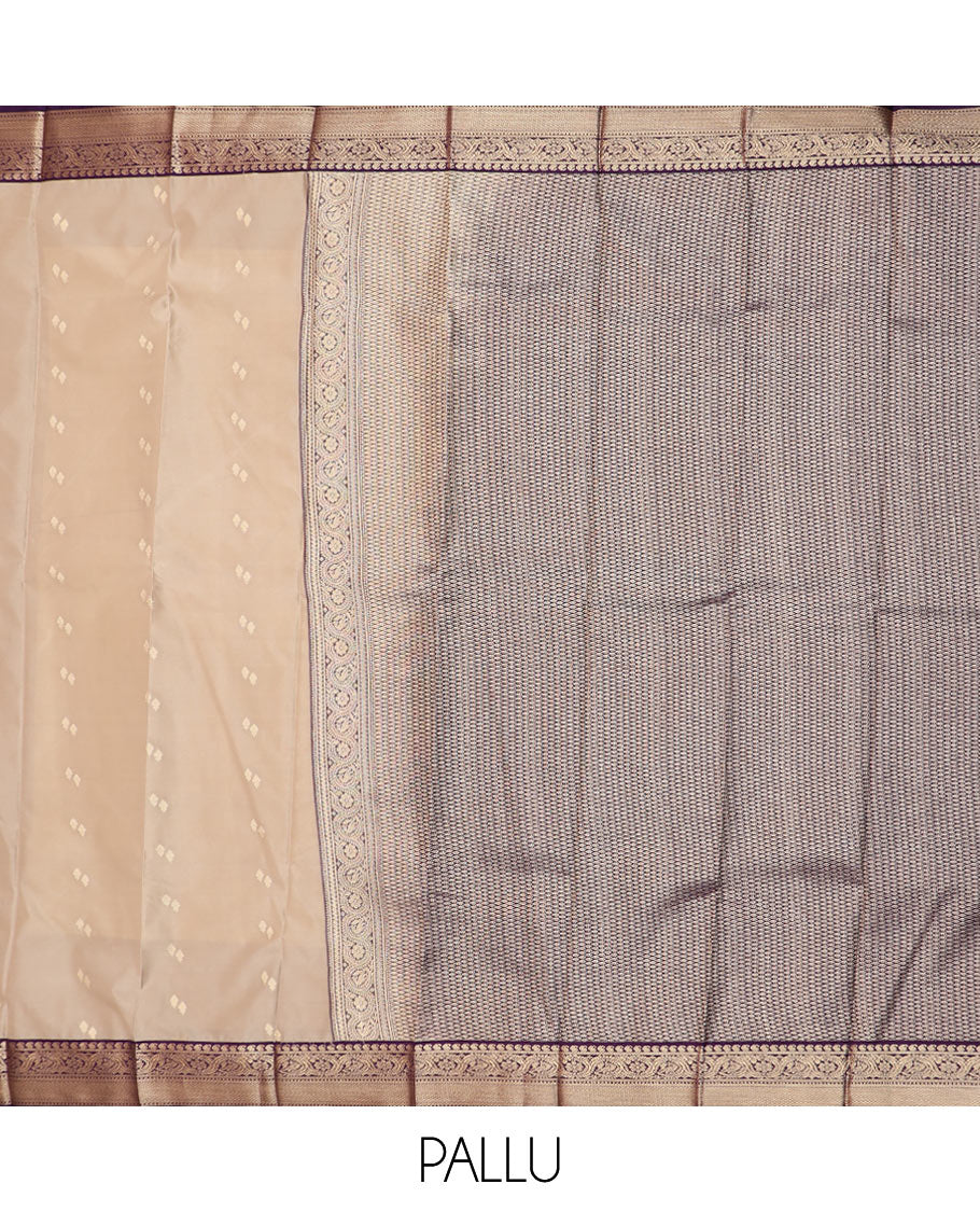 Grey zari buttas budget silk saree, contrast traditional zari border, and jaal pallu