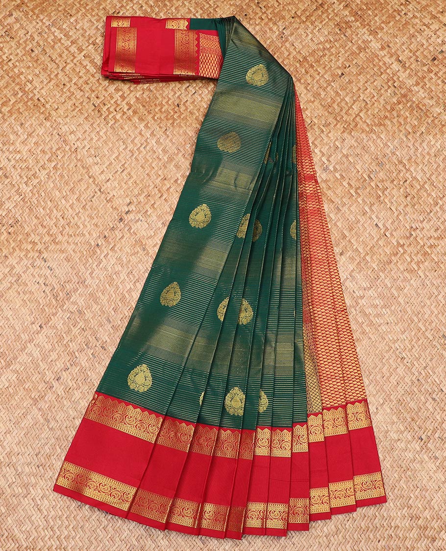 Green zari buttas gift saree, contrast traditional zari rettai pettu border, and jaal pallu