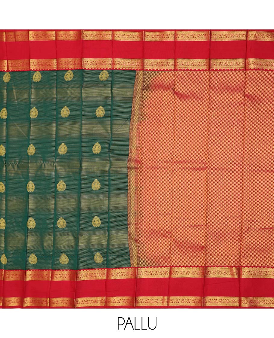 Green zari buttas gift saree, contrast traditional zari rettai pettu border, and jaal pallu